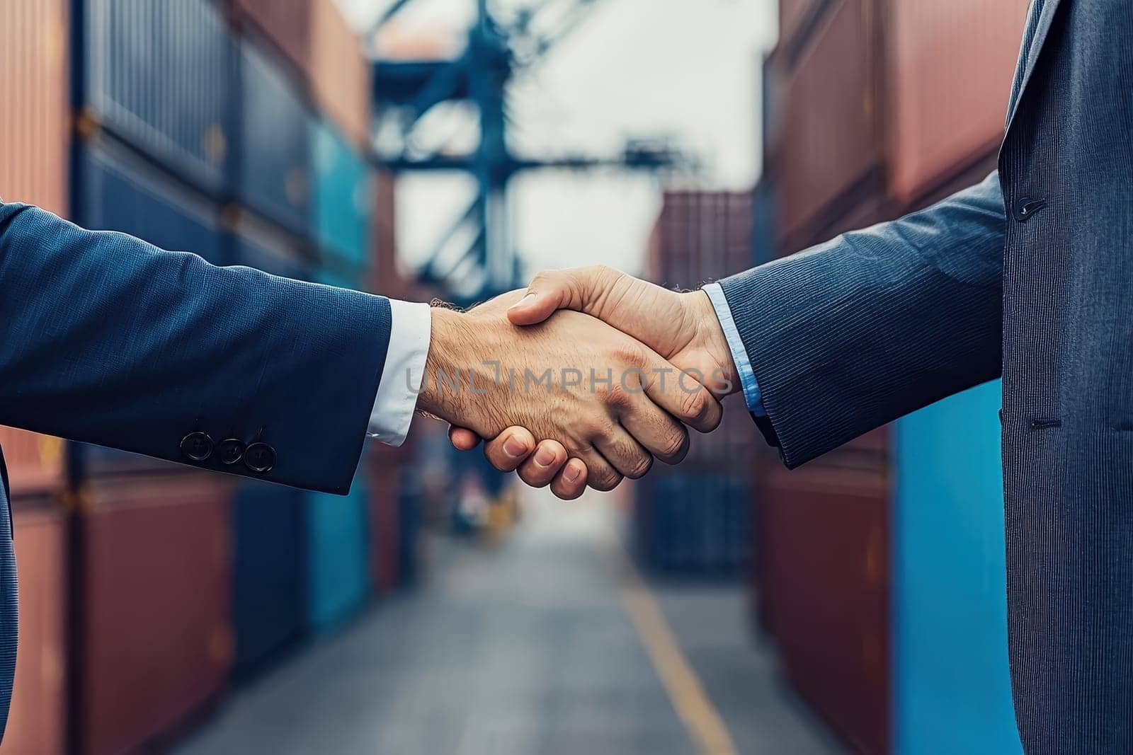 Two professionals in suits engage in a firm handshake inside a shipping port, symbolizing partnership and cooperation in business ventures.