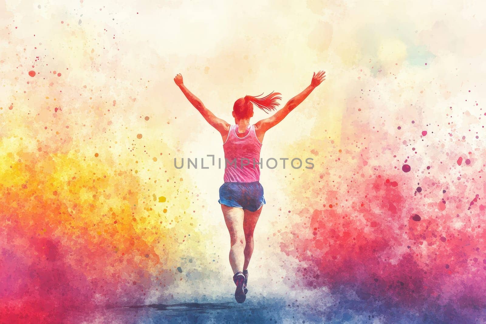 A dynamic illustration featuring a woman running joyfully against a vibrant abstract background, conveying energy, freedom, and enthusiasm in motion.