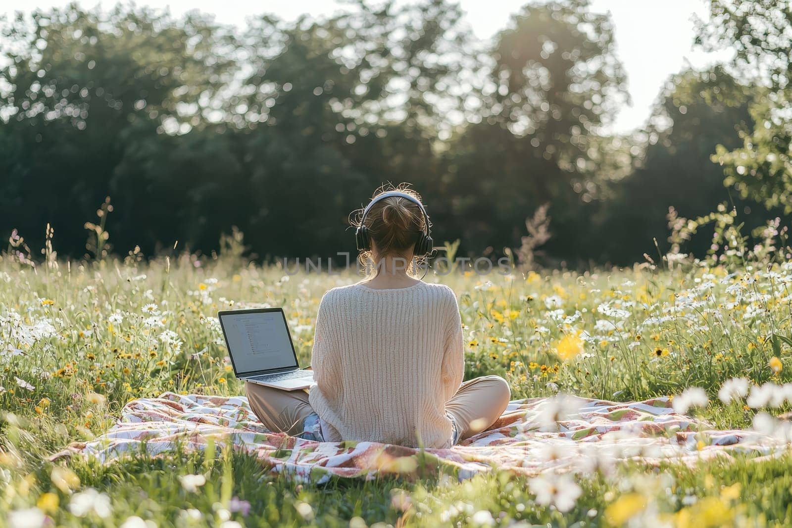 A woman enjoys a tranquil moment in a sunlit field, immersed in her laptop, wearing headphones, surrounded by blossoming flowers and vibrant greenery.