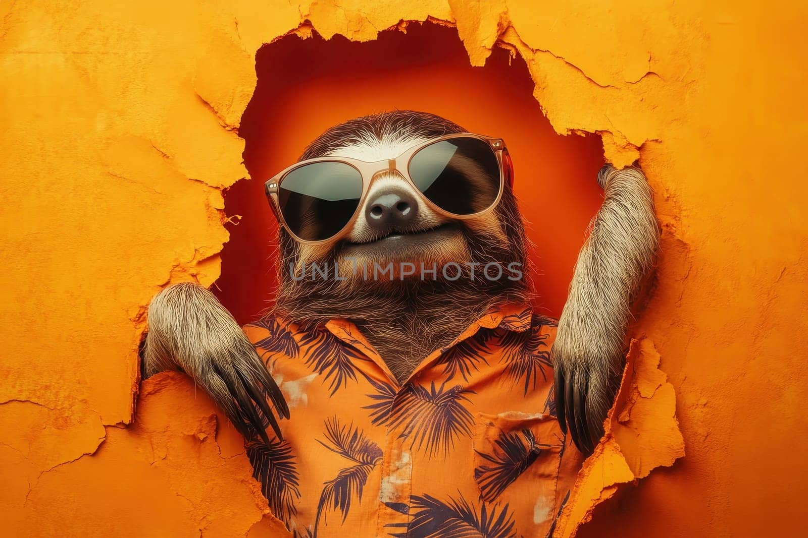 A cheerful sloth wearing stylish sunglasses and a vibrant tropical shirt poses against an orange wall, creating a fun and relaxed atmosphere perfect for summer vibes.