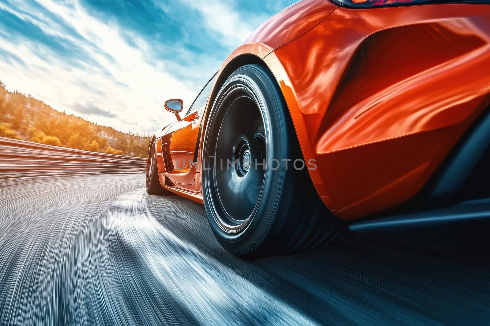 A stunning close-up of a sports car tire gripping the asphalt road during a sunset, showcasing speed and thrilling performance.