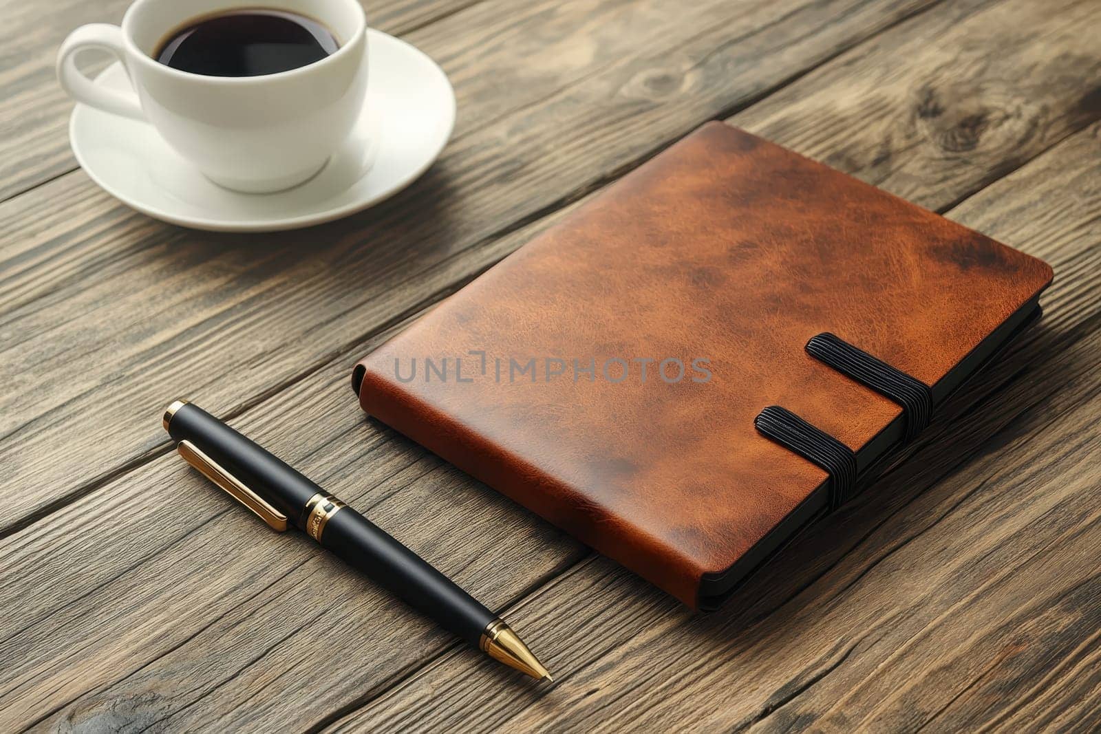 A serene workspace scene featuring a stylish leather notebook, sleek pen, and a cup of coffee on a rustic wooden tabletop, ideal for inspiration.