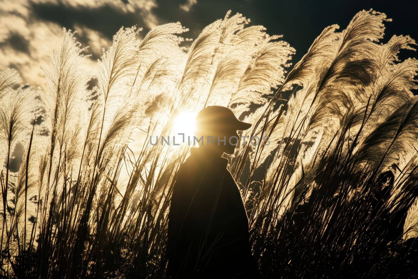 A striking silhouette of a person stands among tall grasses as the sun sets in the background, creating a serene and peaceful atmosphere filled with natural beauty.