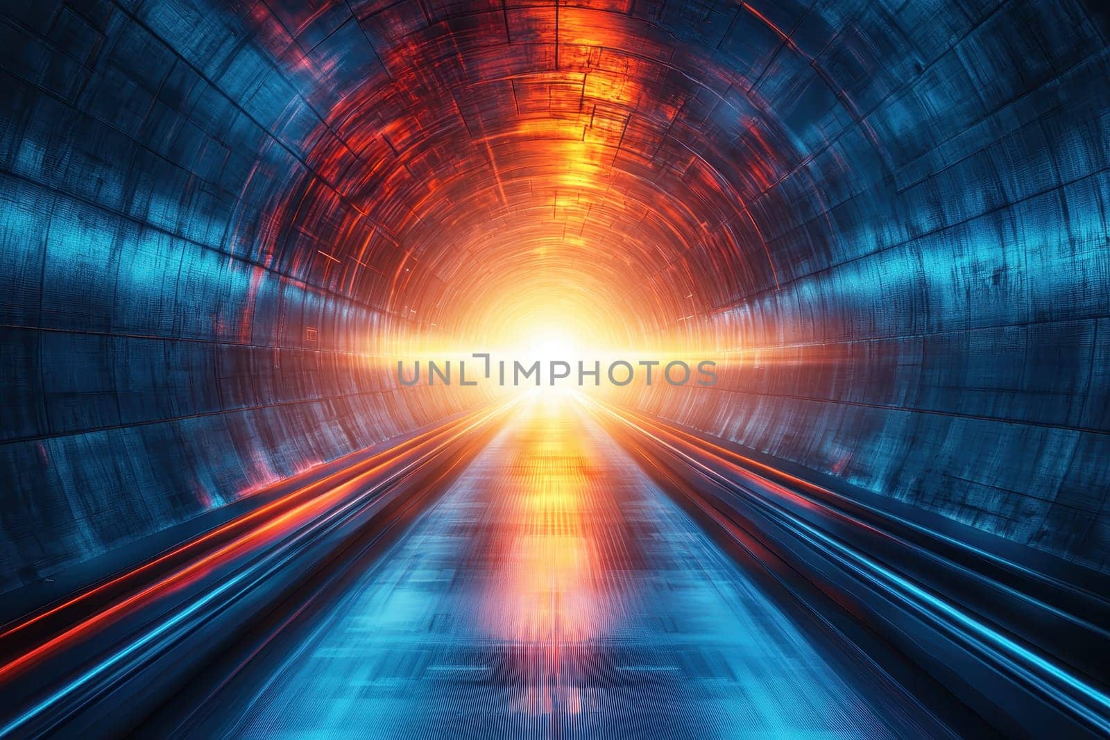This captivating abstract image features a bright light emerging from a futuristic tunnel, highlighting striking blue and orange hues. Perfect for themes of exploration and technology.