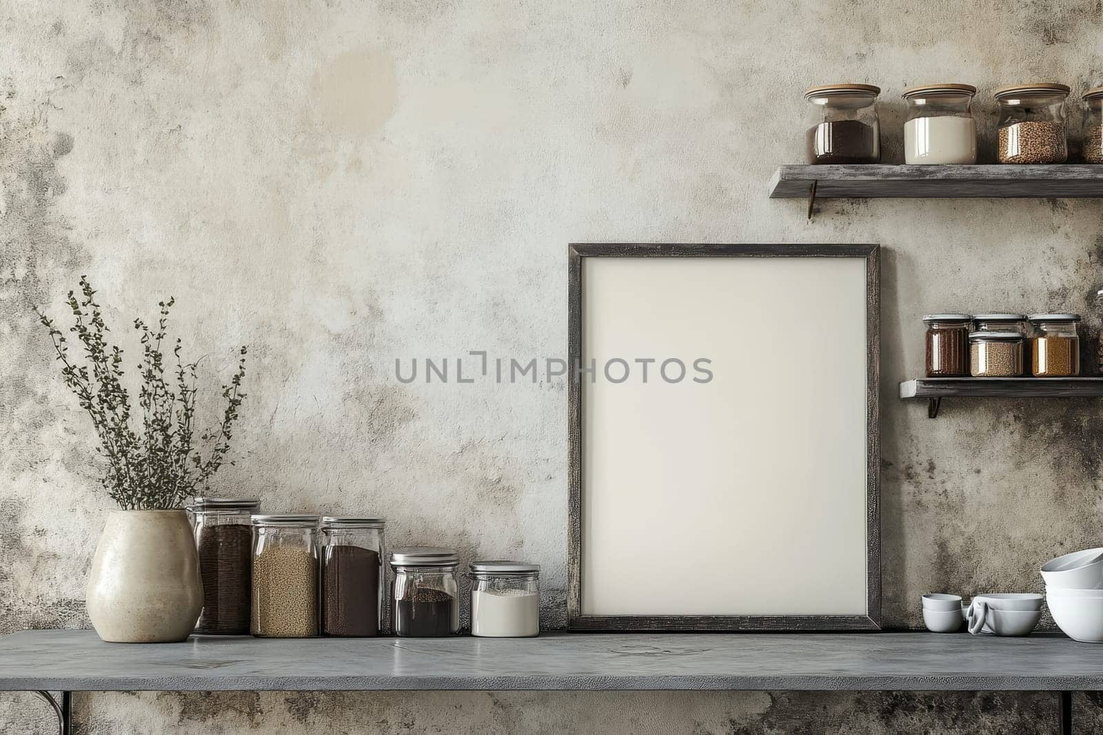 Beautiful rustic kitchen scene featuring an empty frame, jars of various spices, and a natural vase, creating a cozy and welcoming atmosphere suitable for home decor.