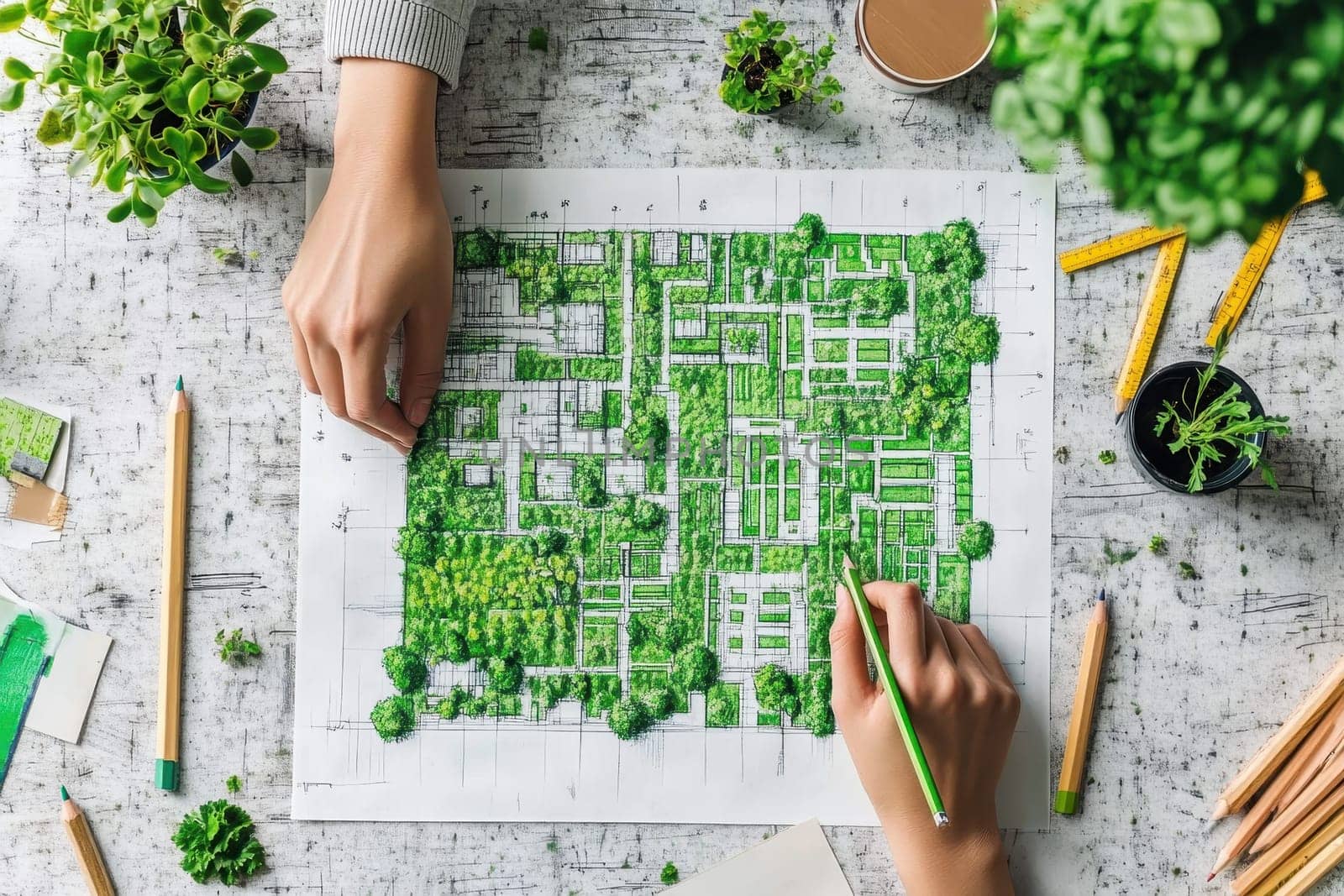 A creative scene depicting hands designing an urban green space with sketches and plants on a stylish desk. Perfect for illustrating sustainability efforts.
