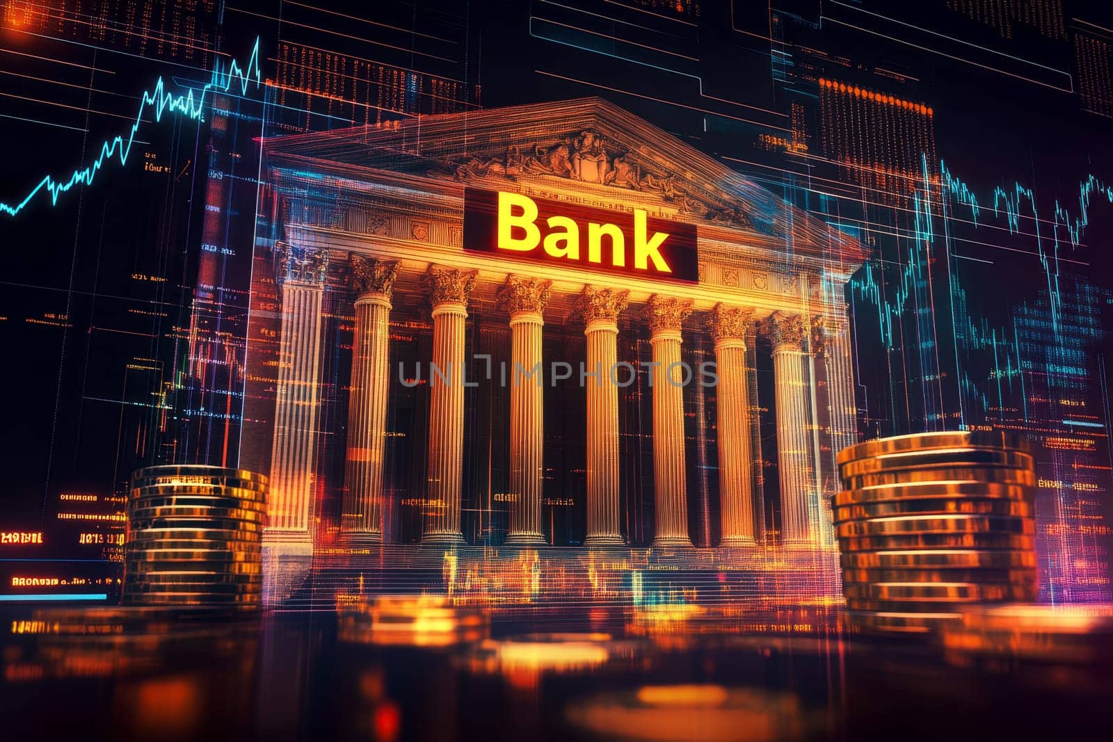 futuristic Stacks of coins in front of a bank building with a stock market graph in the background representing economic concept..