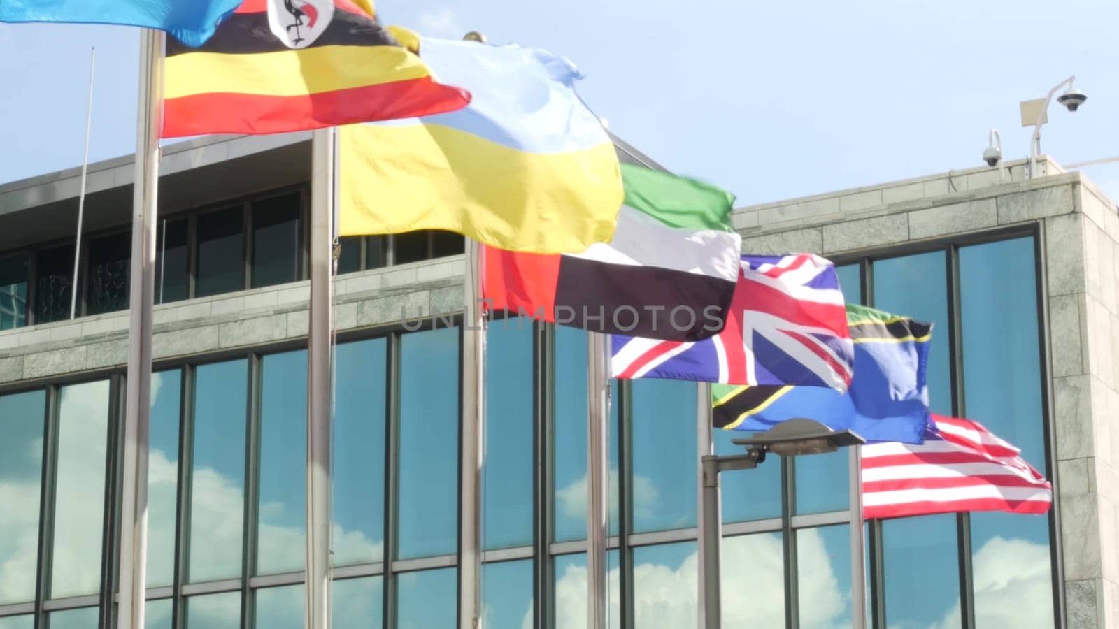 New York City, United States - 12 Sept 2023: United Nations UN Headquarters, Manhattan Midtown, USA. Diplomatic political international organization. Flags row for General Assembly conference session.