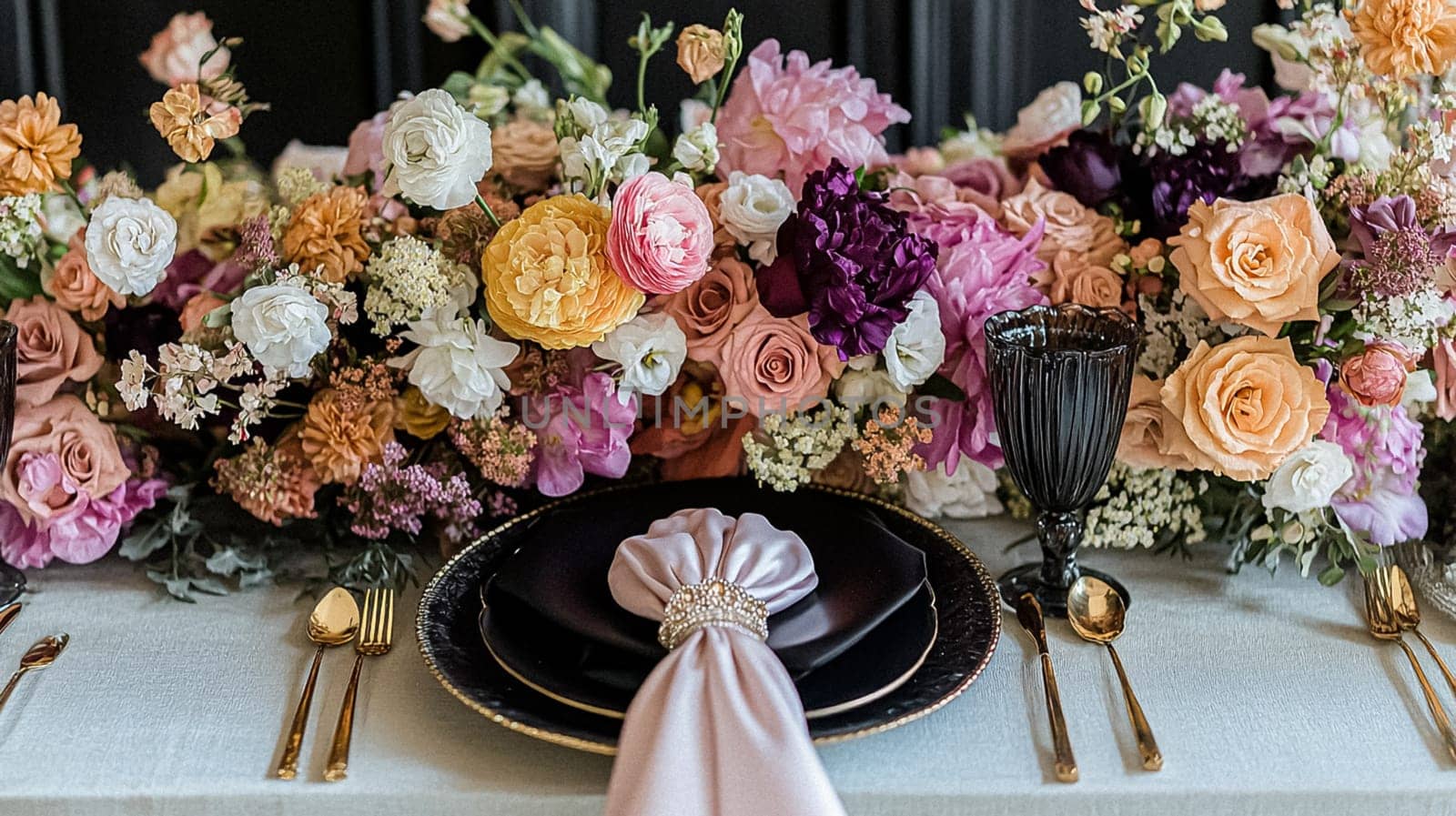 Elegant royal dining table adorned with luxurious floral arrangements for wedding or event, vintage tableware, and candles in a classic English countryside manor, creating a romantic and sophisticated atmosphere idea