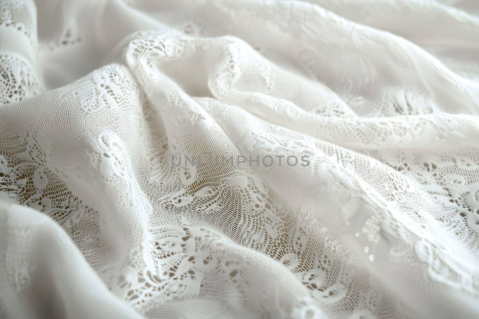 Elegant lace fabric with floral patterns for wedding and evening dresses, emphasizing the delicacy and romance of stylish textiles. AI generated.