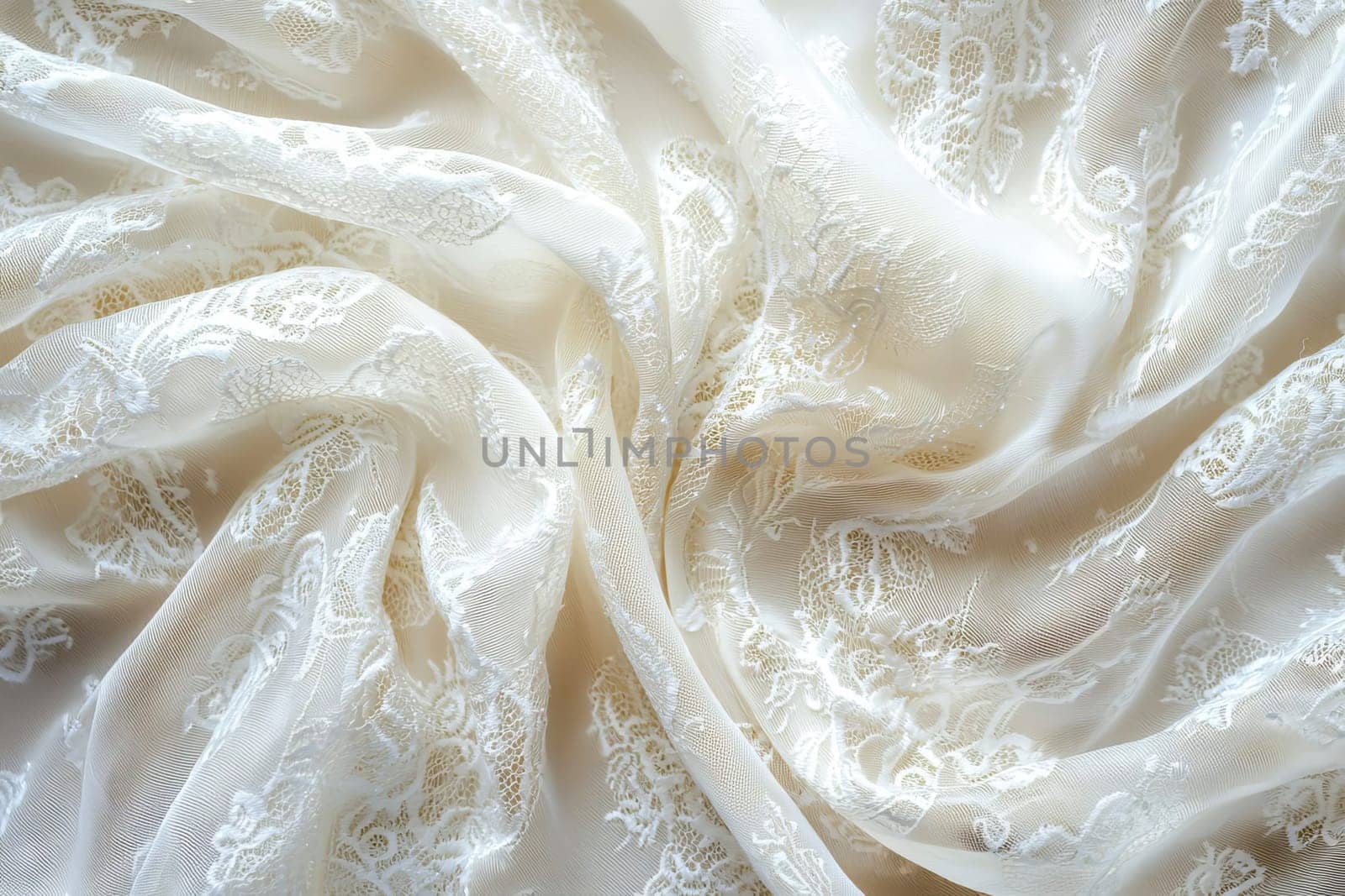 Elegant lace fabric with floral patterns for wedding and evening dresses, emphasizing the delicacy and romance of stylish textiles. AI generated.