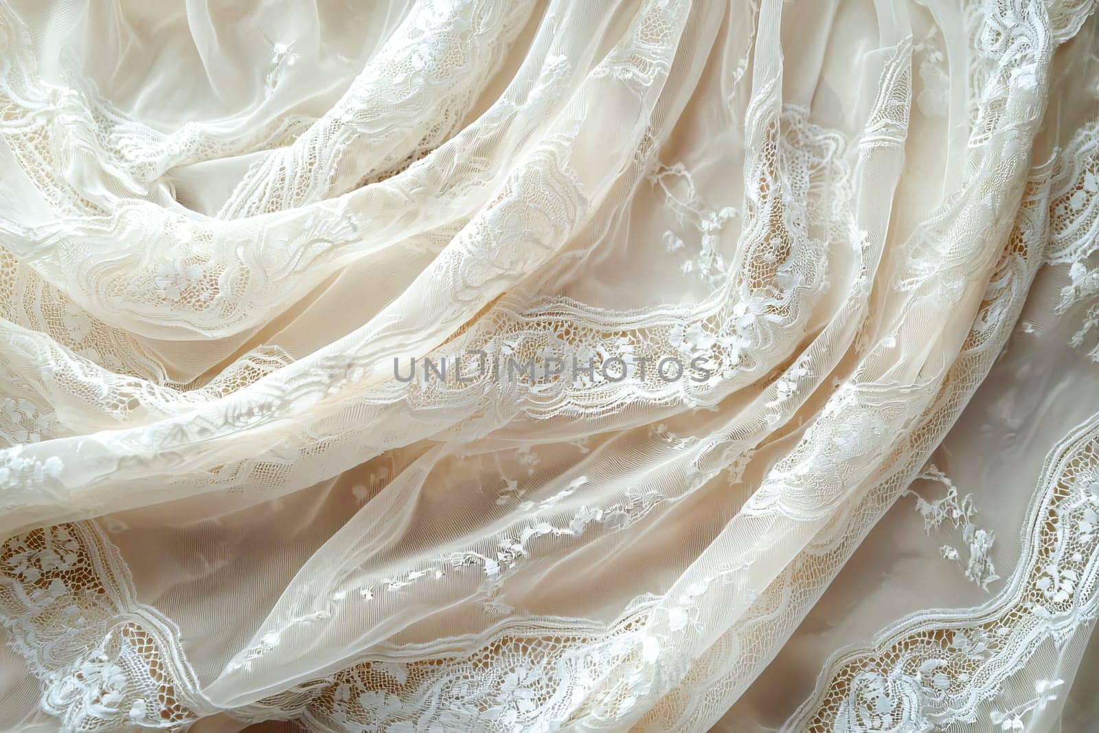 Elegant lace fabric with floral patterns for wedding and evening dresses, emphasizing the delicacy and romance of stylish textiles. AI generated.