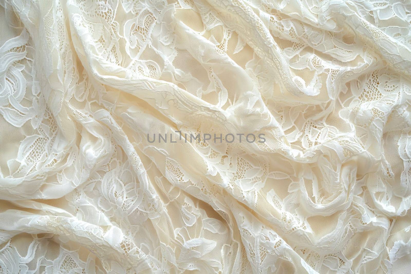 Elegant lace fabric with floral patterns for wedding and evening dresses, emphasizing the delicacy and romance of stylish textiles. AI generated.