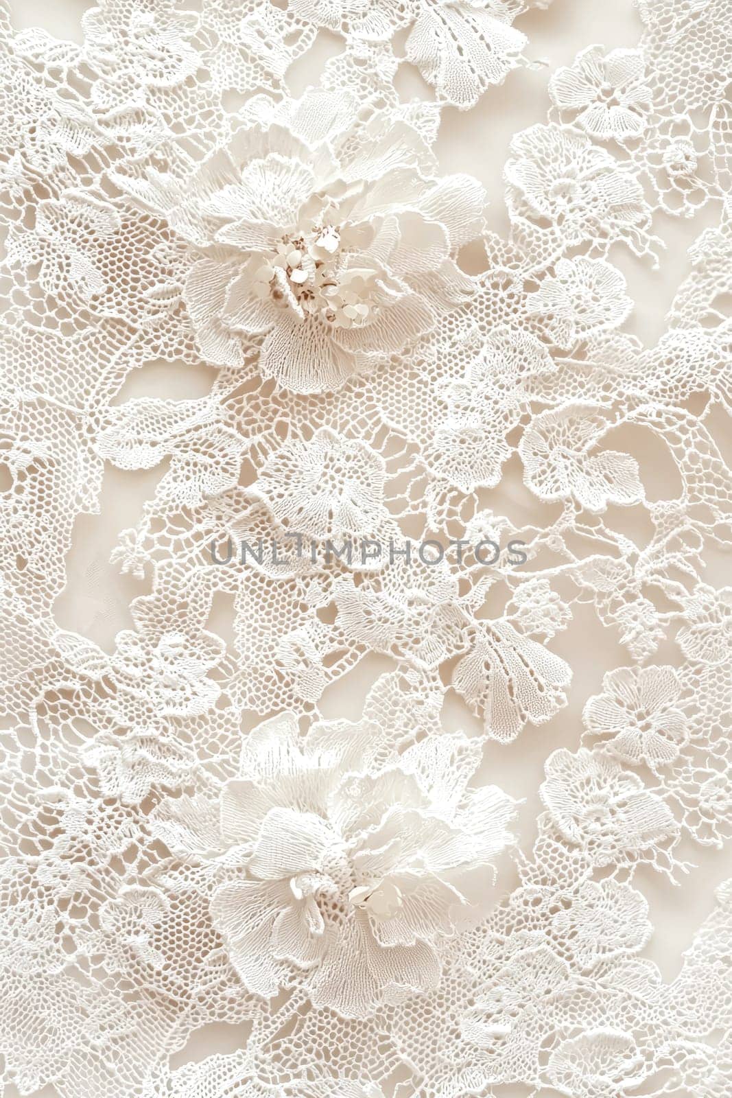 Elegant lace fabric with floral patterns for wedding and evening dresses, emphasizing the delicacy and romance of stylish textiles. AI generated.