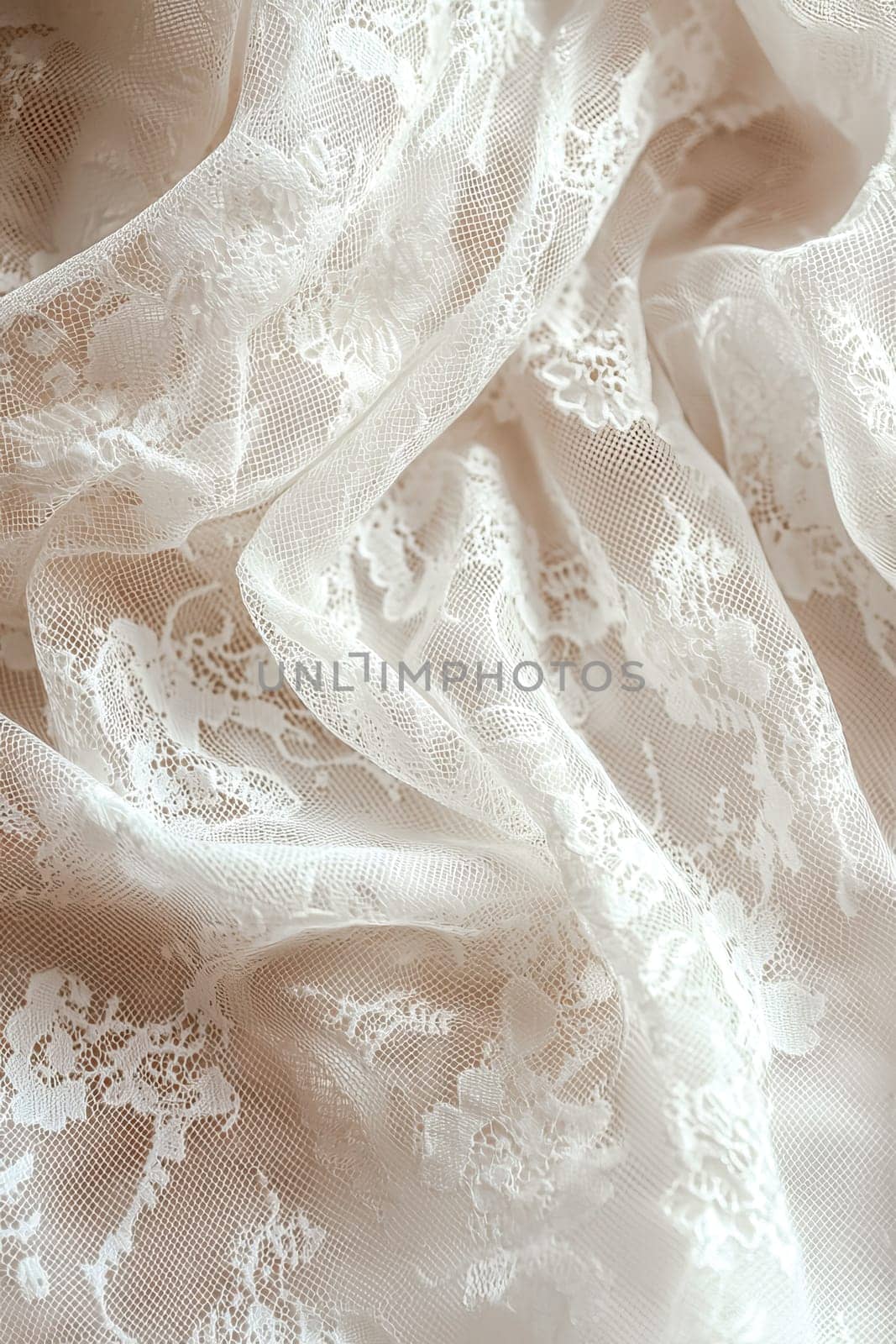 Elegant lace fabric with floral patterns for wedding and evening dresses, emphasizing the delicacy and romance of stylish textiles. AI generated.