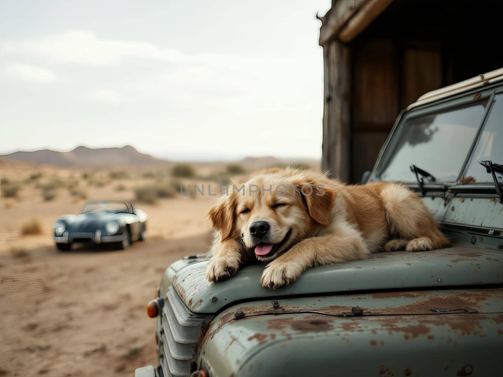 Golden retriever dog sleeping peacefully on the hood of a vintage Land Rover Defender, with a classic Jaguar E-Type in the background and a desert landscape. Ai generated