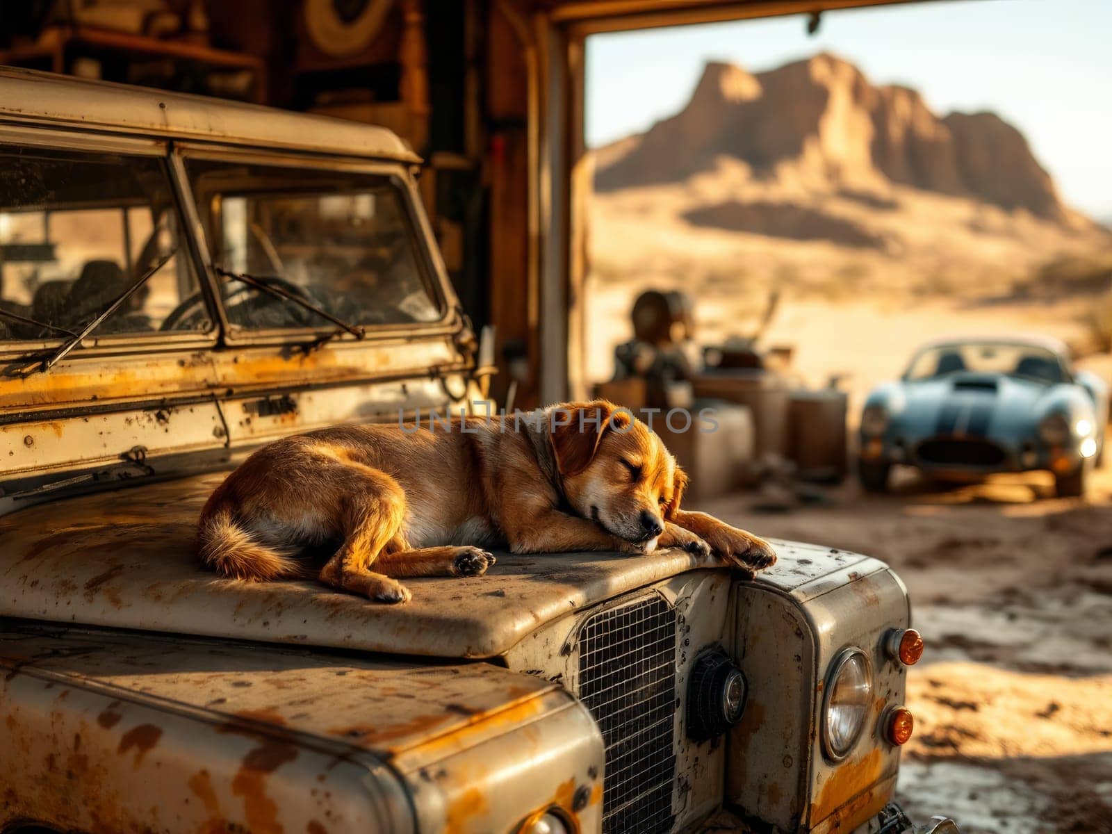 Brown dog sleeping peacefully on the hood of a vintage Land Rover in a tuning garage, with an AC Cobra and a desert landscape in the background. Ai generated