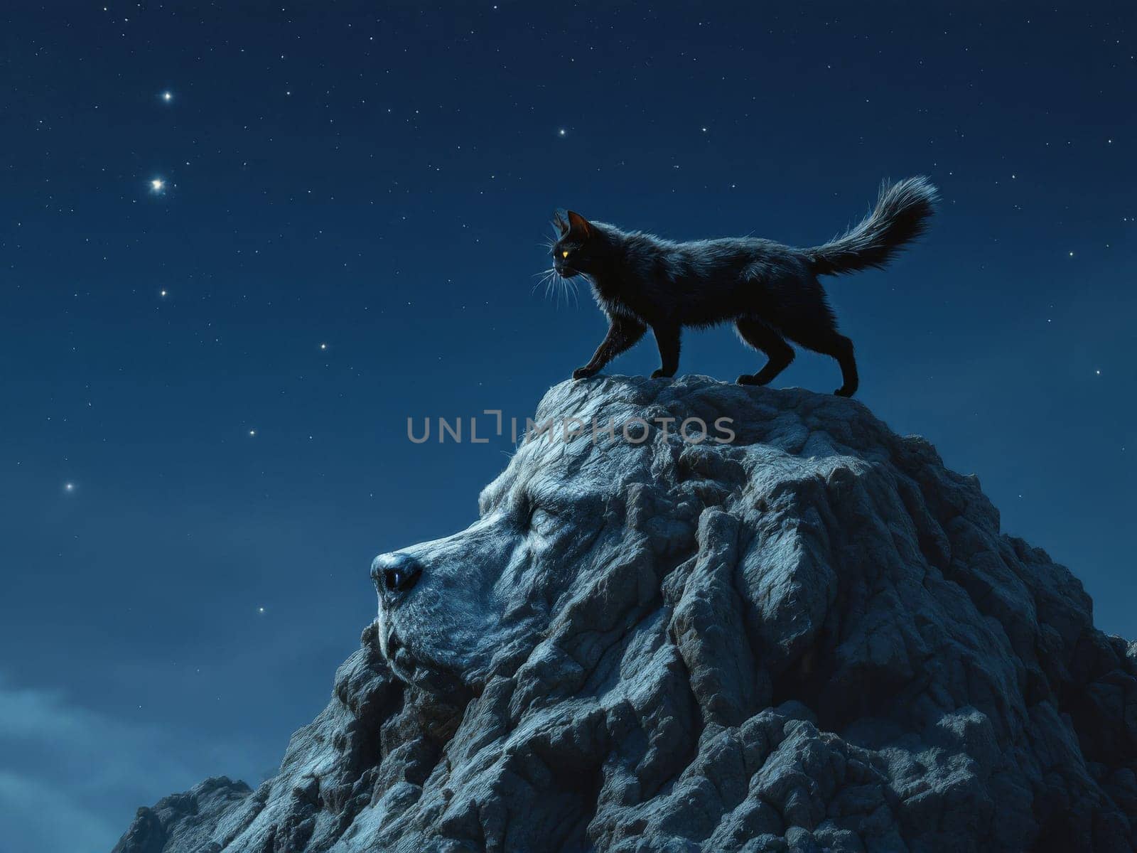 Black cat walking on rock shaped like dog's head under starry night sky, in a surreal and dreamlike atmosphere. Ai generated