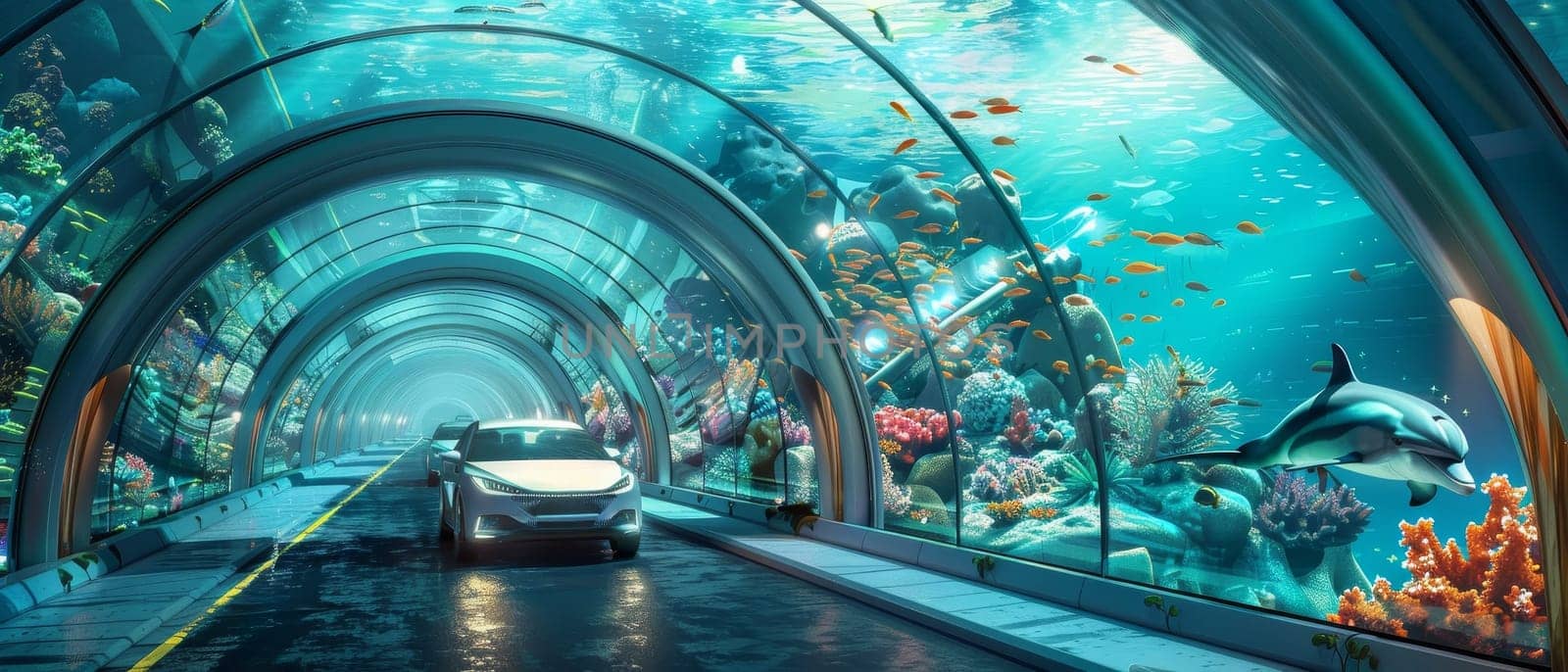 Futuristic car drives through a transparent ocean tunnel surrounded by vibrant marine life