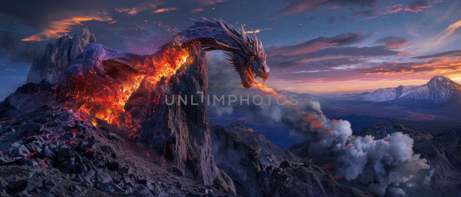 Epic fantasy scene of a fiery dragon emerging from a volcanic eruption against a dramatic sky