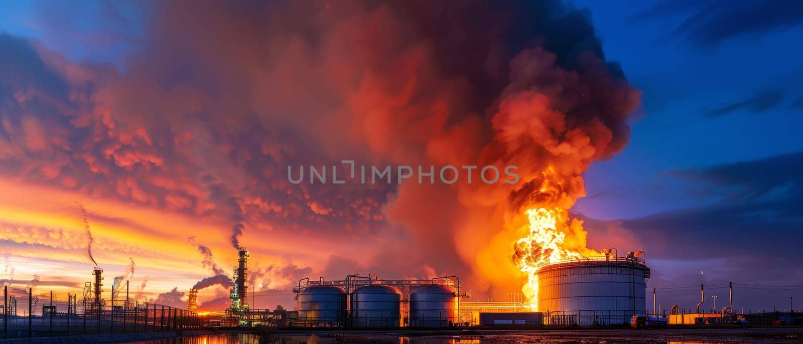 Dramatic fiery explosion at industrial plant with reflections at dusk