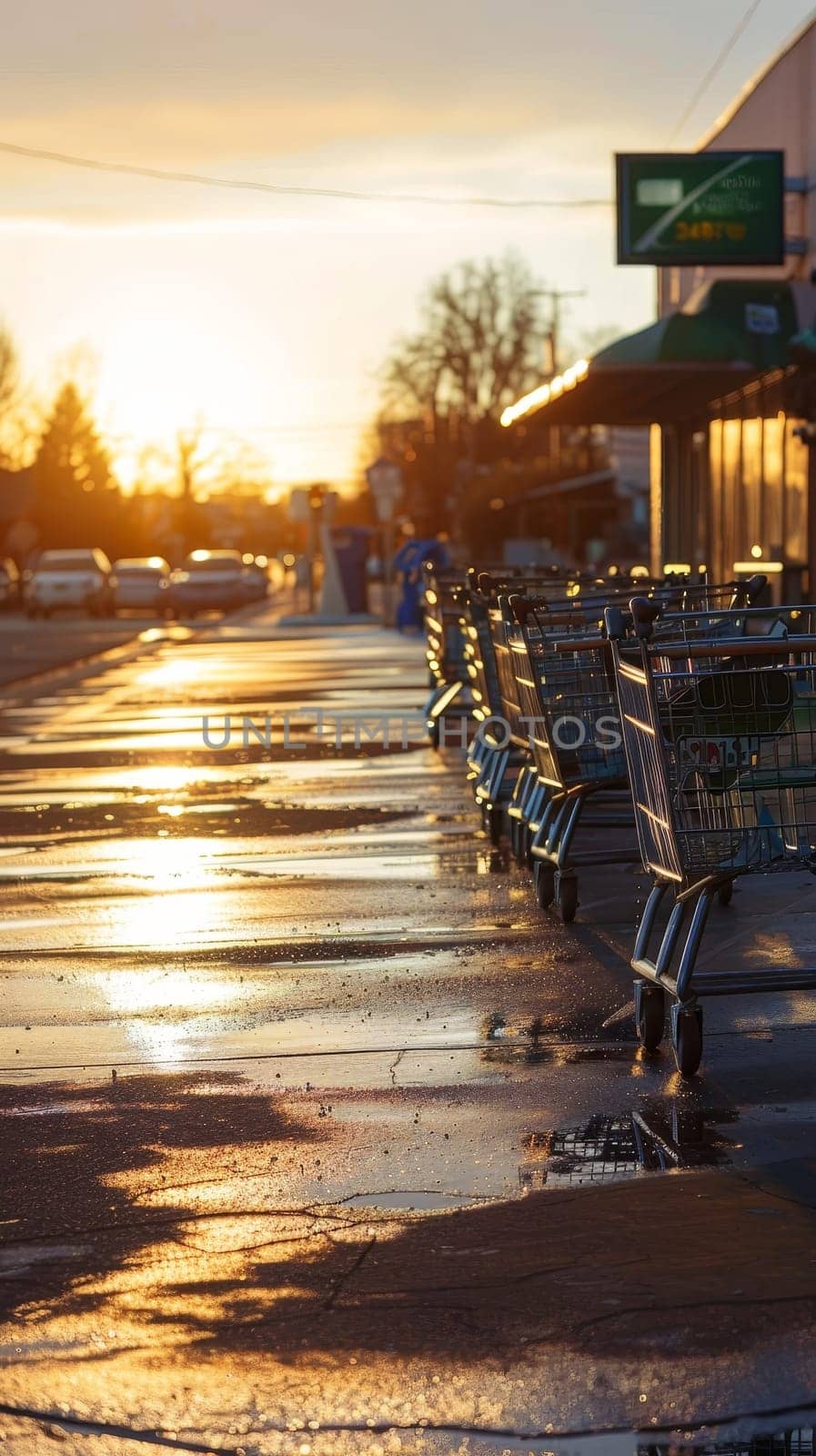 A row of shopping carts bask in the warm glow of a setting sun, with the golden light reflecting off the wet pavement