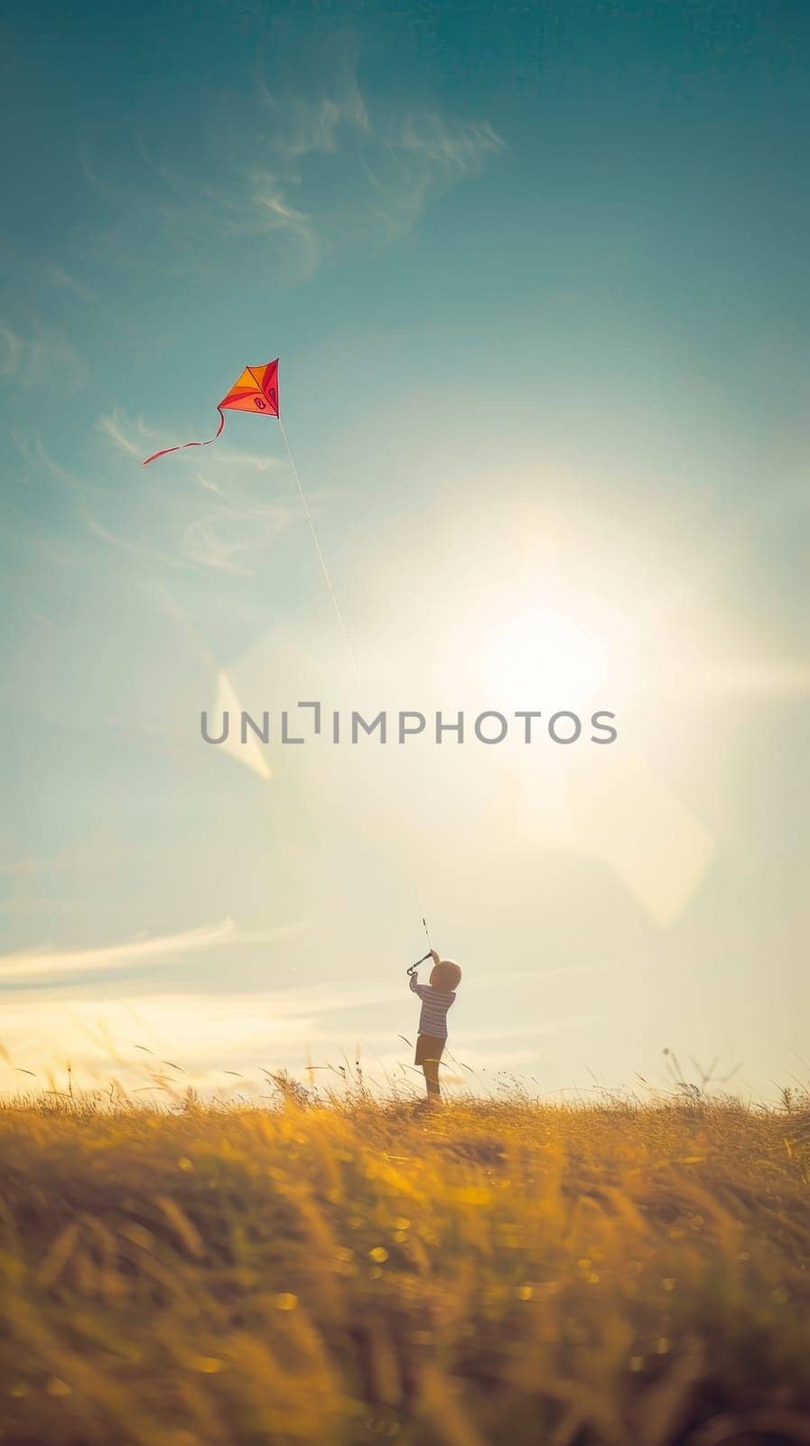 A solitary child engages in the timeless joy of flying a kite, silhouetted against a vibrant sunset sky