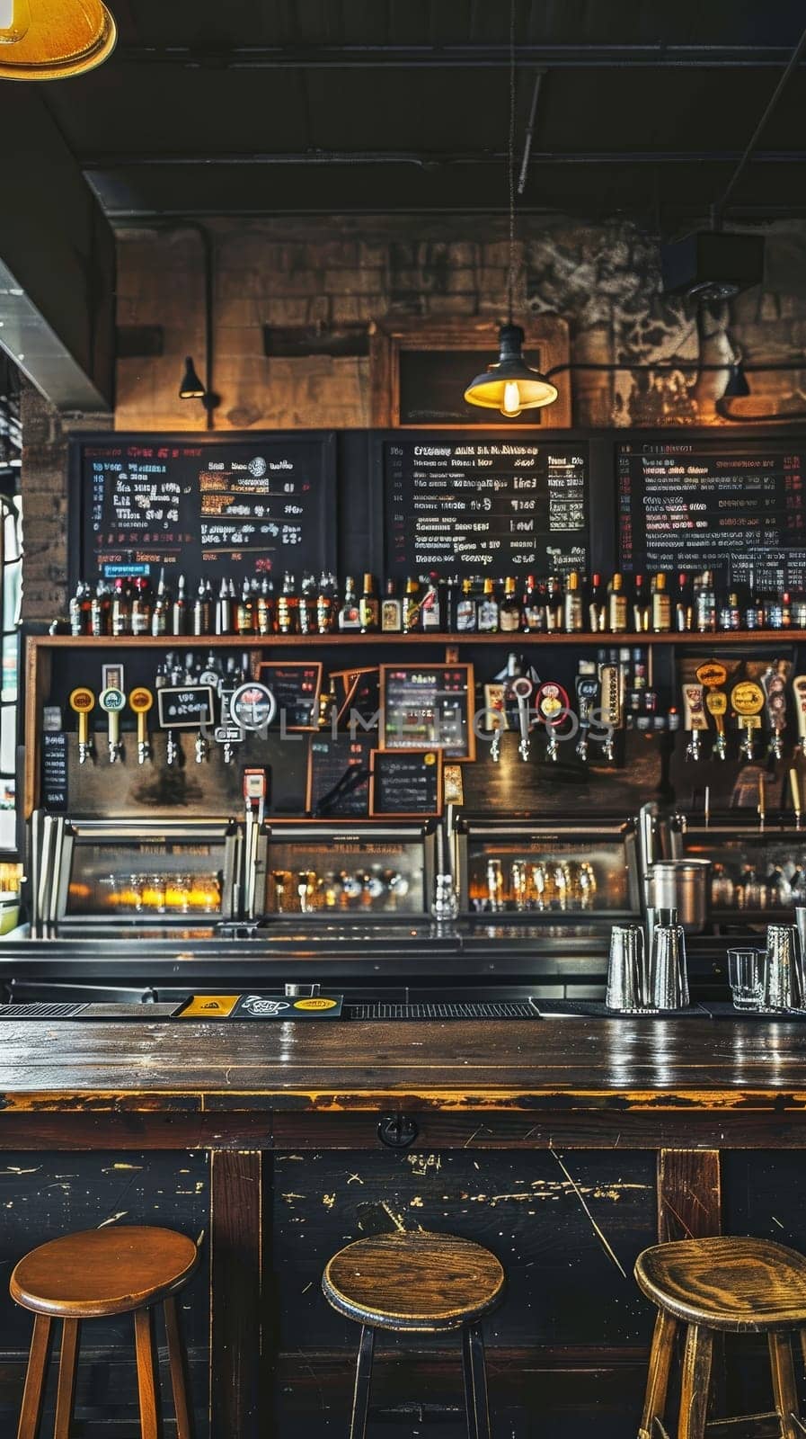 A cozy and atmospheric bar interior featuring a long wooden bar counter, shelves stocked with various alcoholic beverages, and a chalkboard menu displaying the available drinks