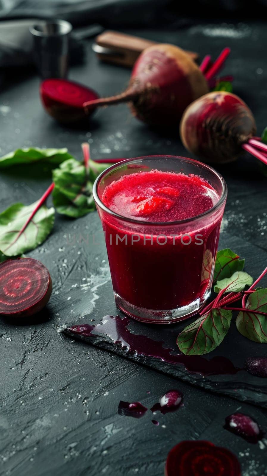 Freshly squeezed beet juice dramatically splashes against a dark, moody surface, creating a visually striking and dynamic composition