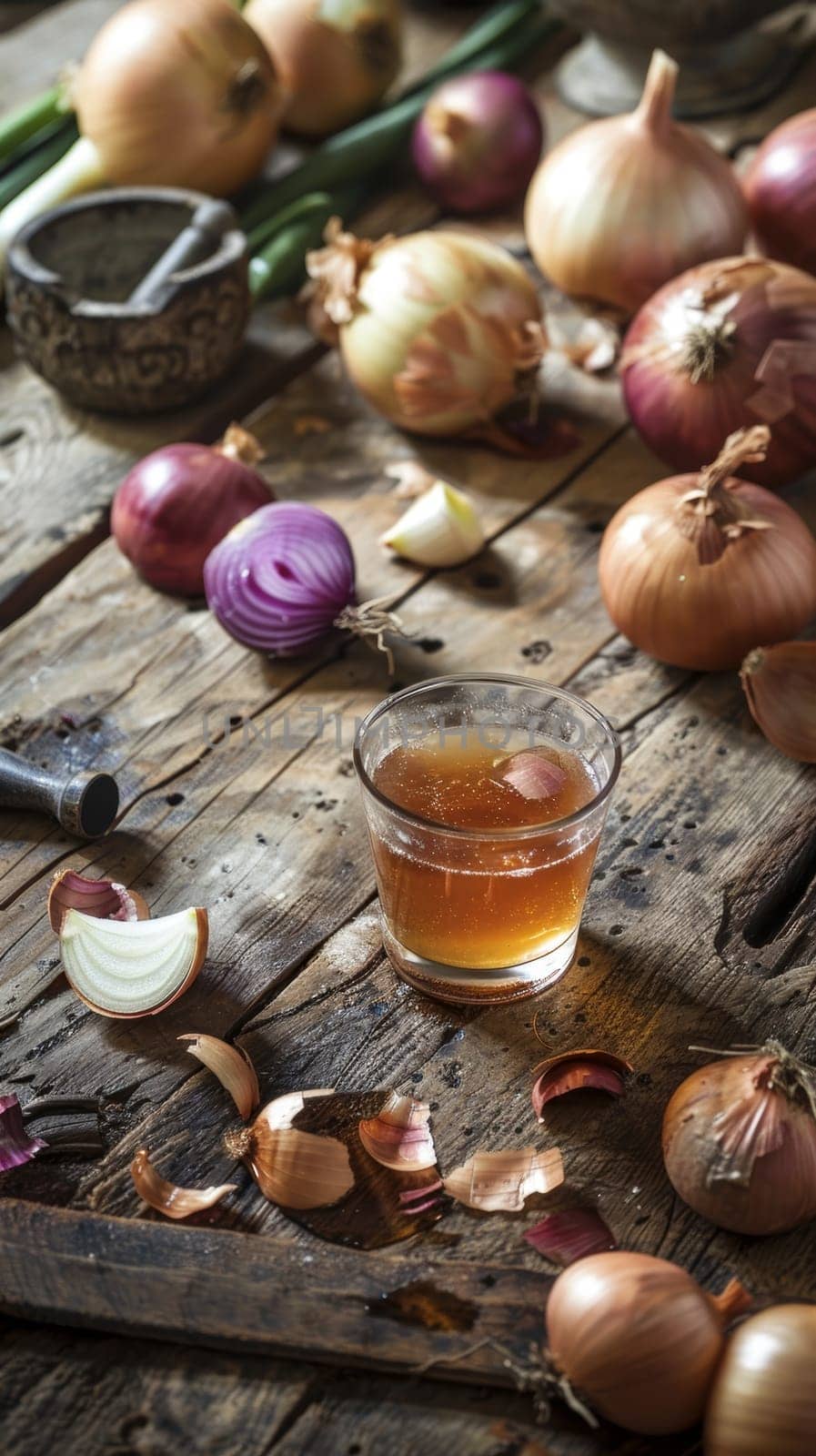 A glass filled with a rich, golden-hued onion juice is surrounded by an assortment of fresh, vibrant onions in various shapes and colors, creating a rustic, flavorful display