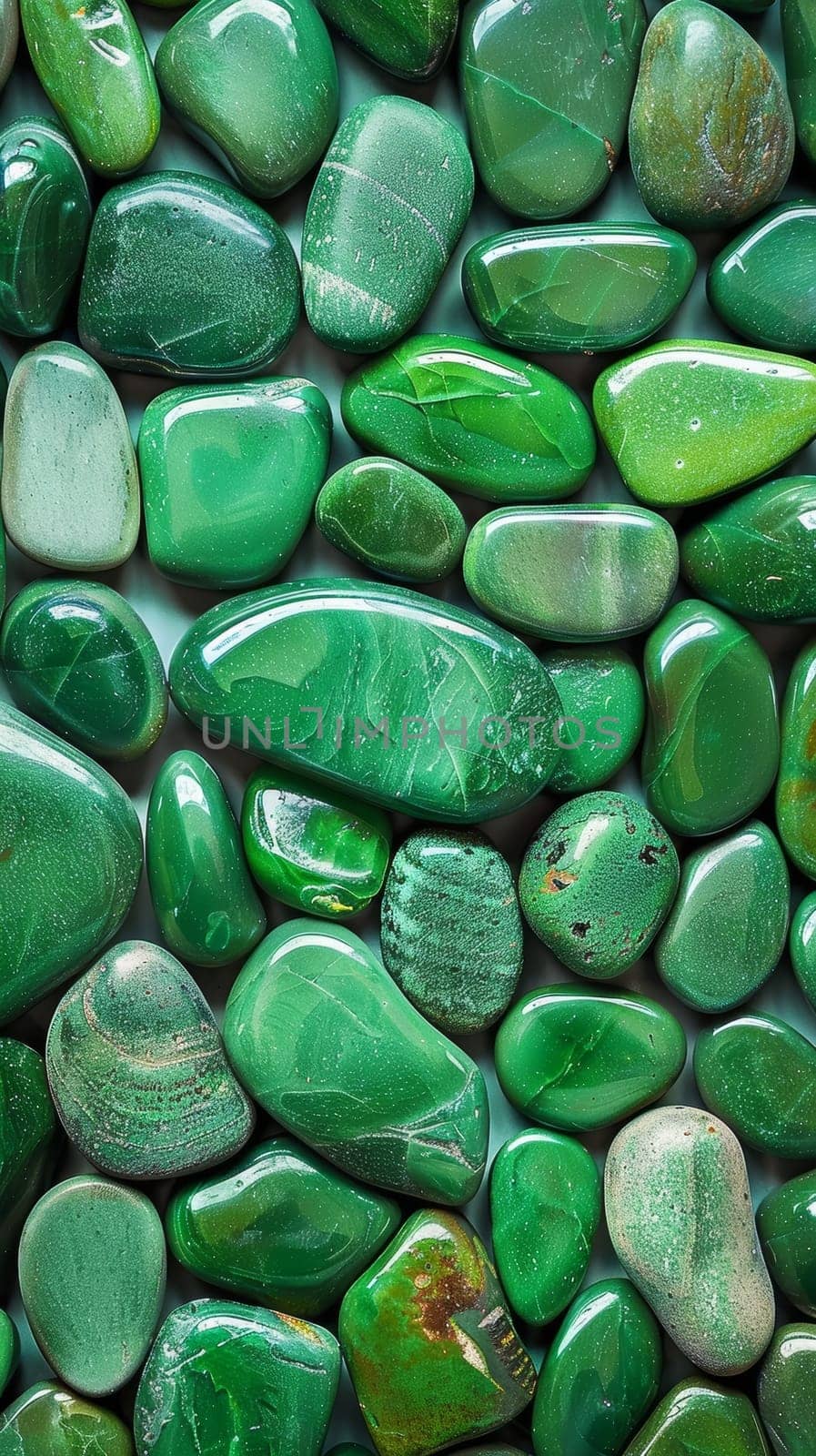A captivating arrangement of smooth, polished pebbles in various shades of deep, rich green, creating a mesmerizing natural mosaic