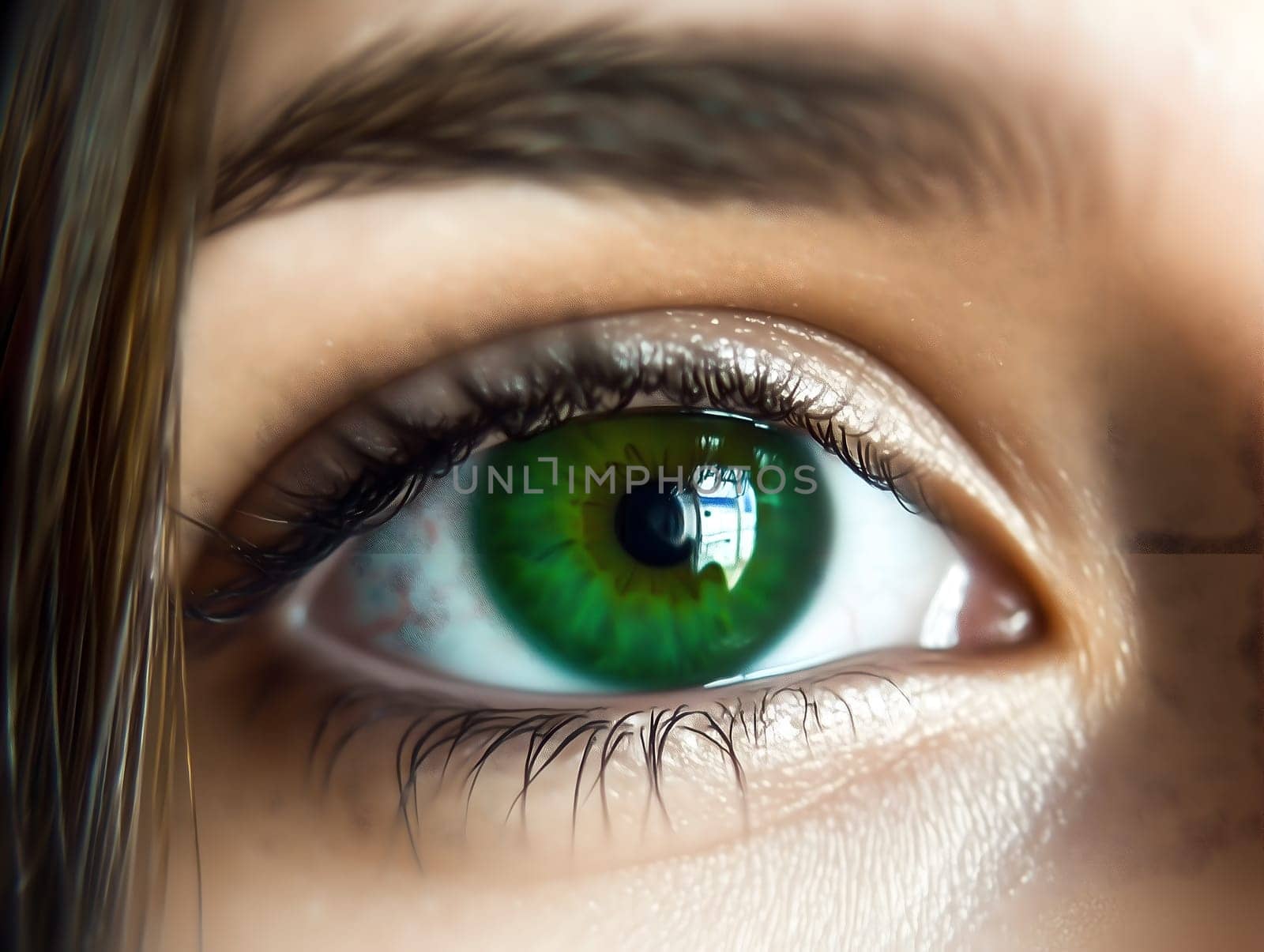 A striking close-up of a green eye with intricate details of the iris and a captivating reflection. The vibrant color and sharp focus highlight the beauty and uniqueness of the human eye.