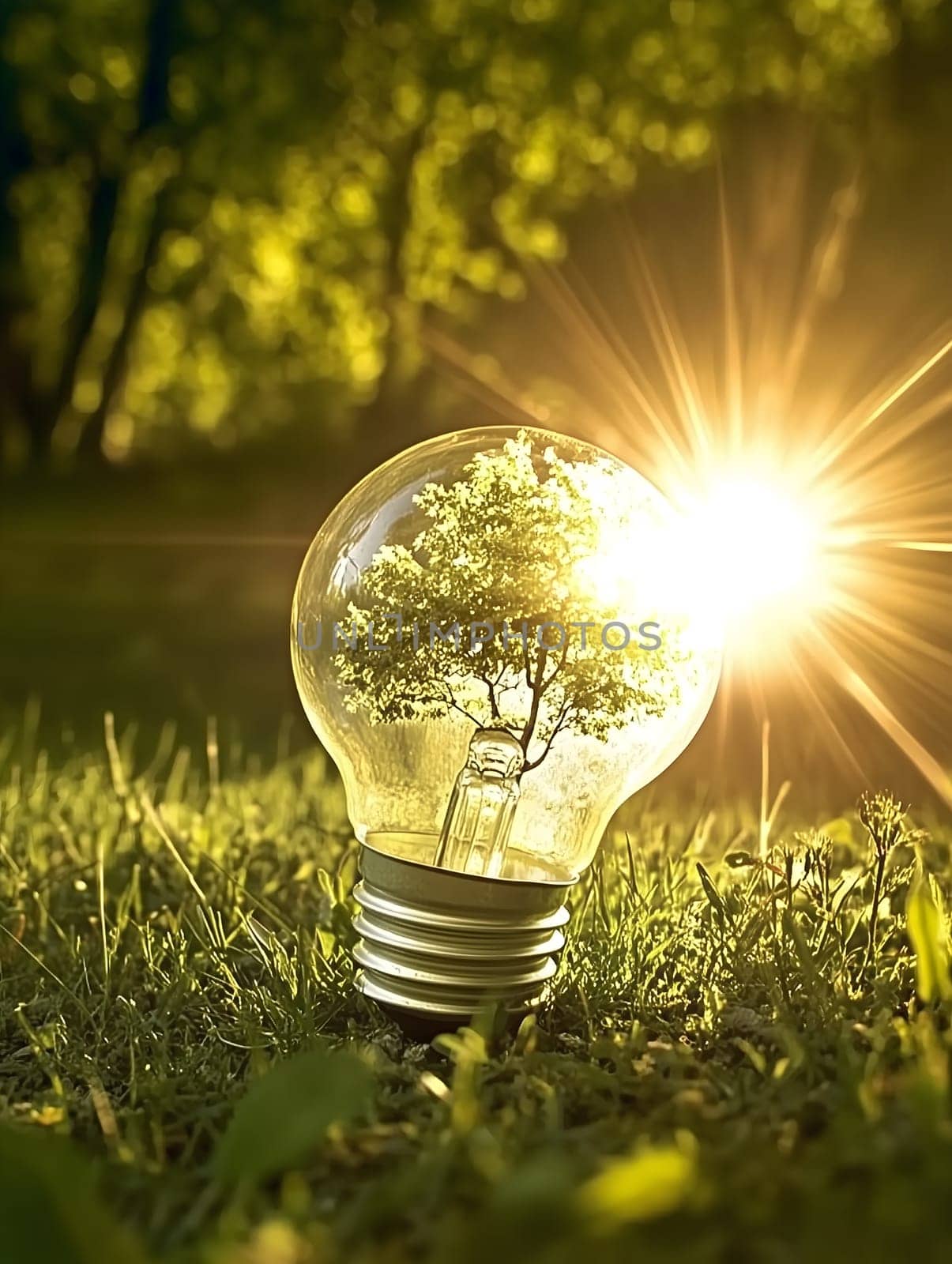 Creative representation of renewable energy featuring a tree growing inside a light bulb, illuminated by sunlight. Symbolizing sustainability, green technology, and environmental consciousness for a better future.