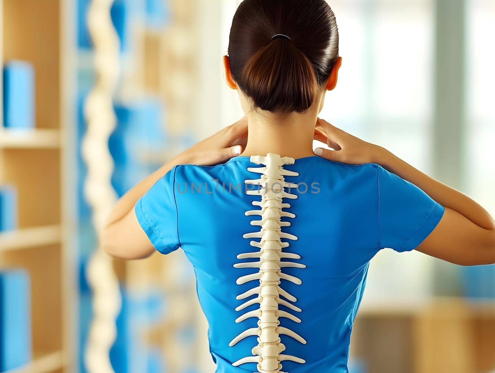 A medical professional wearing a blue uniform with a spine model attached to the back, symbolizing chiropractic care, physiotherapy, and spinal health. The image represents posture correction, wellness, and orthopedic treatment.