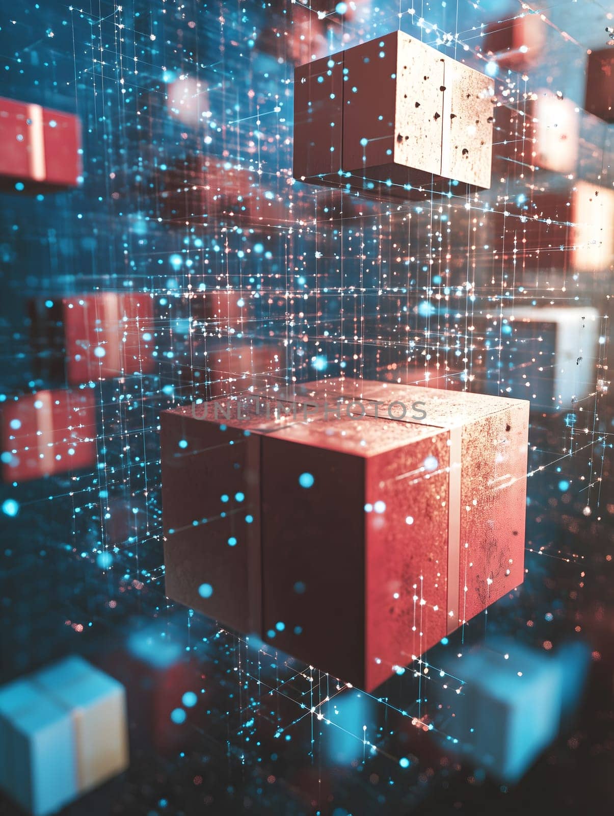 Abstract digital illustration of interconnected blocks symbolizing blockchain technology, data encryption, and decentralized systems. A futuristic representation of cybersecurity, finance, and digital transactions.