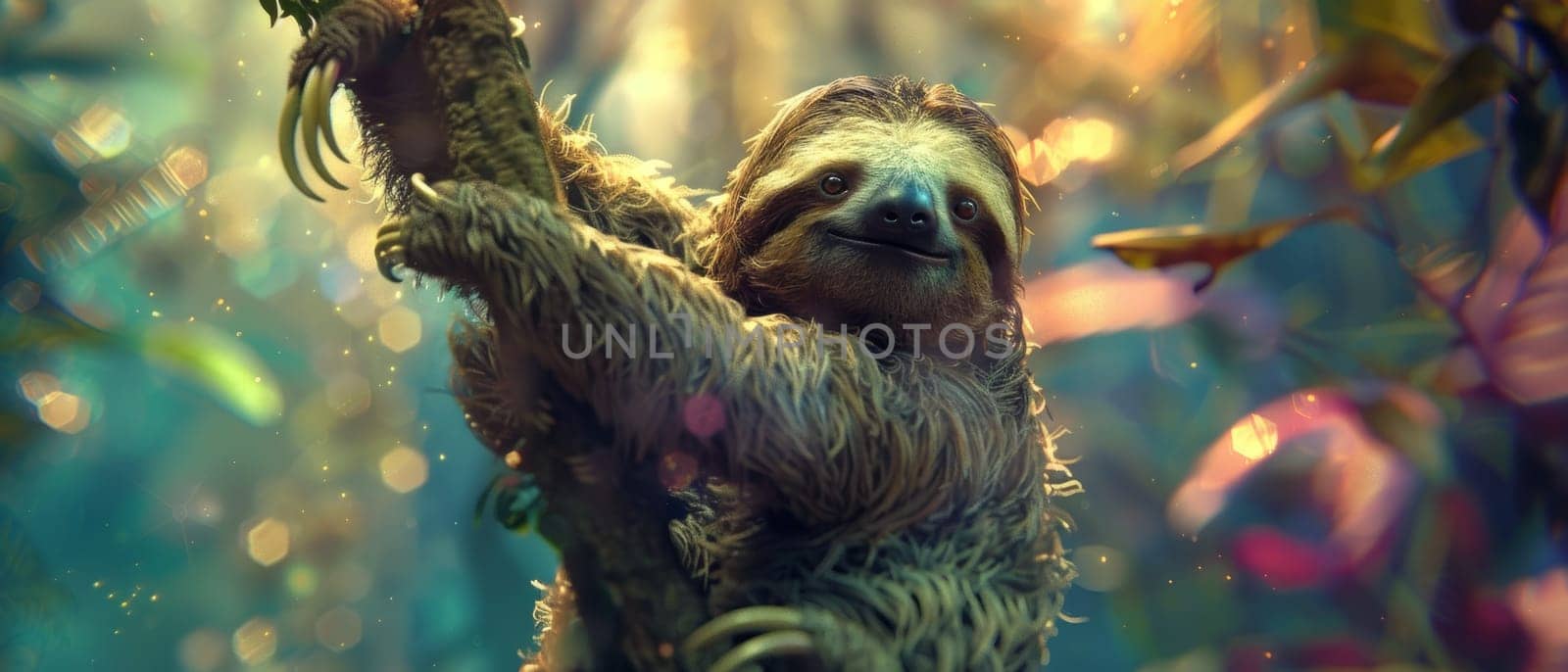 A tranquil sloth hangs leisurely among vibrant jungle foliage, with a soft glow illuminating its contented face