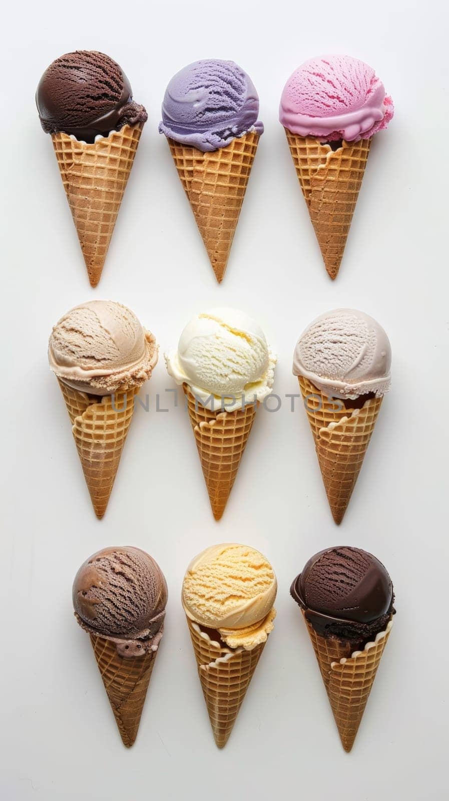 A top-down view of ice cream cones with various flavors like chocolate, vanilla, and strawberry on a white background