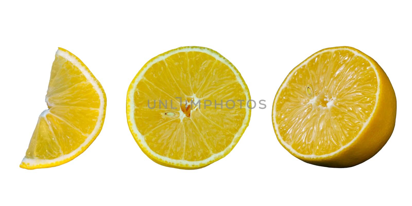Lemon wedge, slice, and half isolated on a white background. Perfect for food photography, recipe illustrations, healthy eating content, and product advertising with a focus on citrus fruits