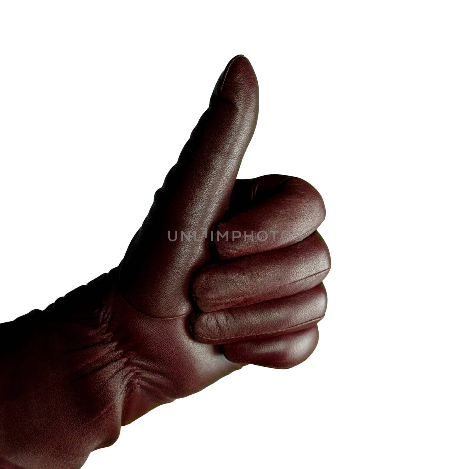 Hand in a burgundy leather glove showing a thumbs-up gesture, isolated on a white background. Perfect for fashion promotions, accessory advertising, positive symbolism, and creative design projects