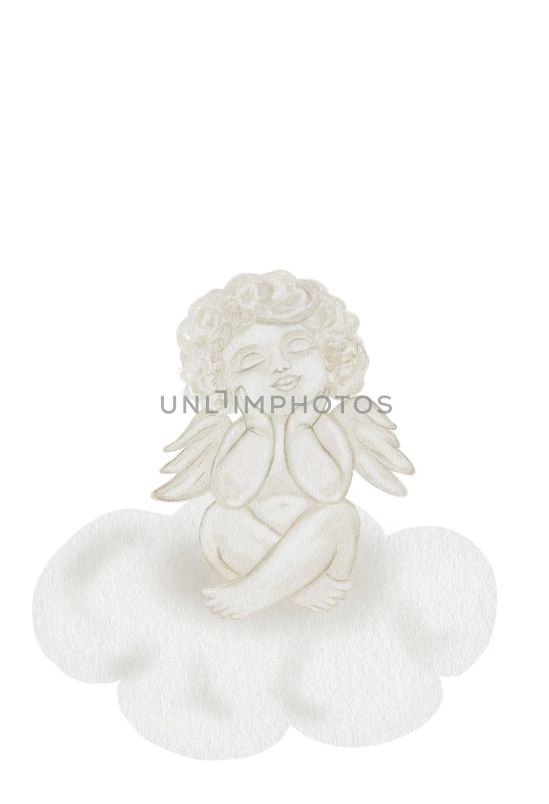 Watercolor cherub angel cupid. Hand drawn little baby boy on the cloud in pastel colors on a white background. Clip art religious. Perfect for Valentine's Day and Christening cards and posters. High quality illustration. High quality illustration