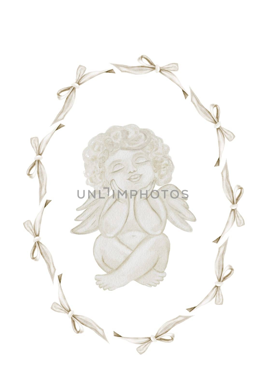 Cherub angels cupids watercolor. Hand drawn little boy in a frame of bows in pastel colors on a white background. Clip art religious. Perfect for Valentine's Day and Christening cards and posters. High quality illustration. High quality illustration