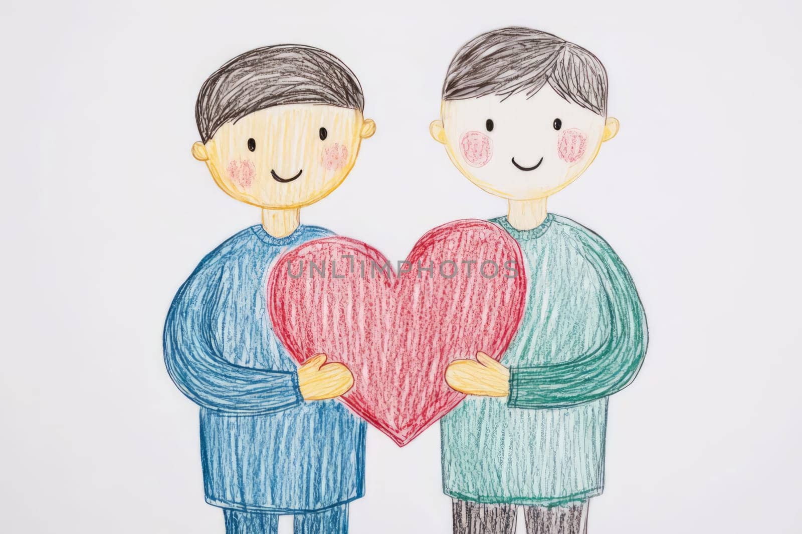 Two homosexual man in love holding a heart in their hands. Valentine's day. A drawing made by a kid's hand
