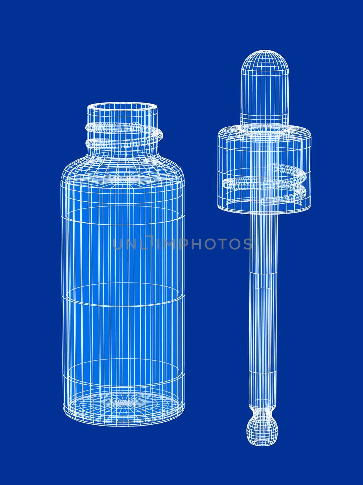 3D wire-frame model of a dropper bottle and pipette