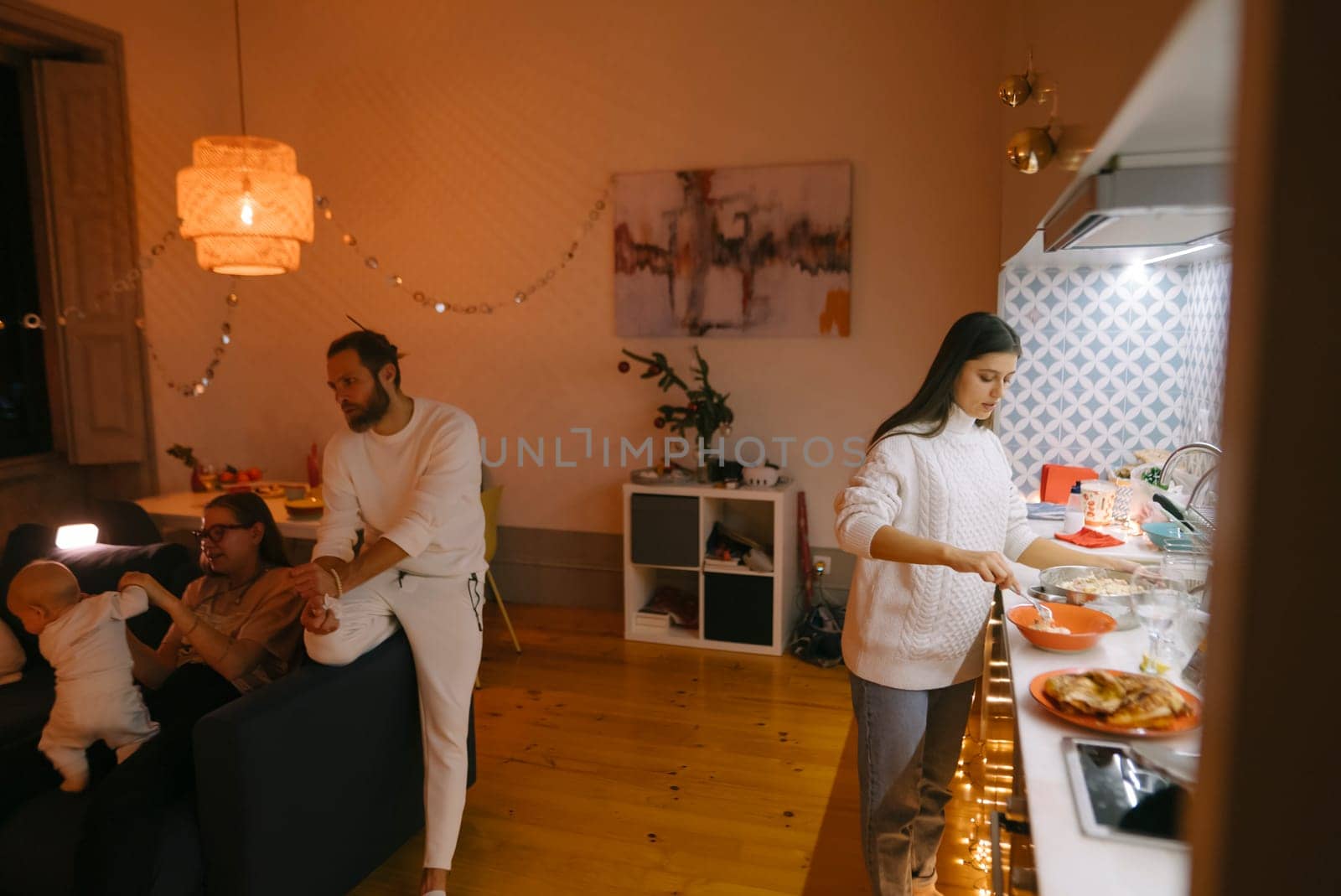 A delightful warm family gathering where everyone is enjoying a delicious homecooked meal in a cozy setting