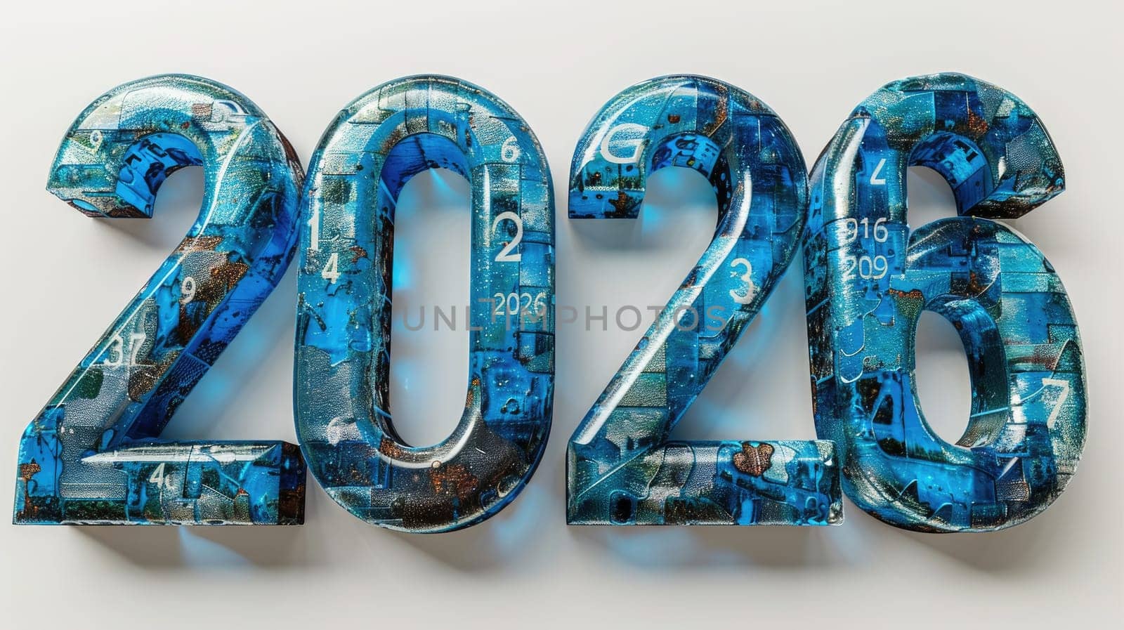 Bold numbers 2026 are filled with vivid images symbolizing progress and future aspirations, placed on a soft backdrop to create a vibrant, motivational display.