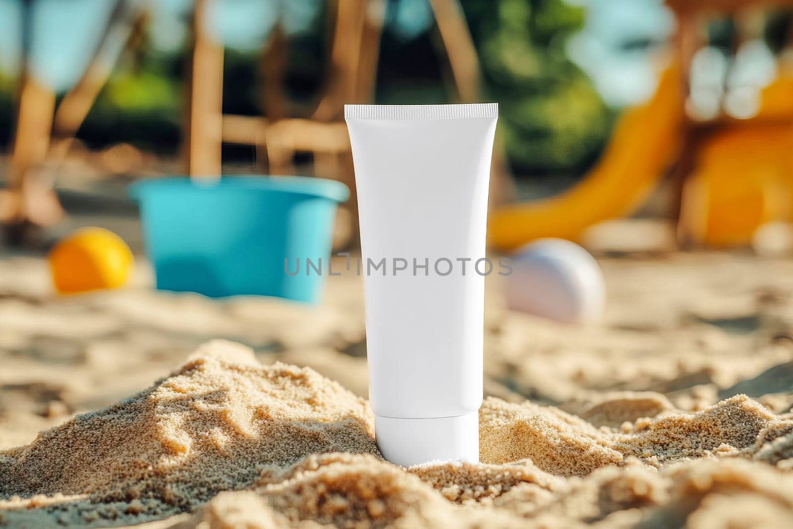 A tube of baby cream in a sandbox surrounded by toys. The concept of protecting and caring for the skin of babies while playing outdoors on a summer day.