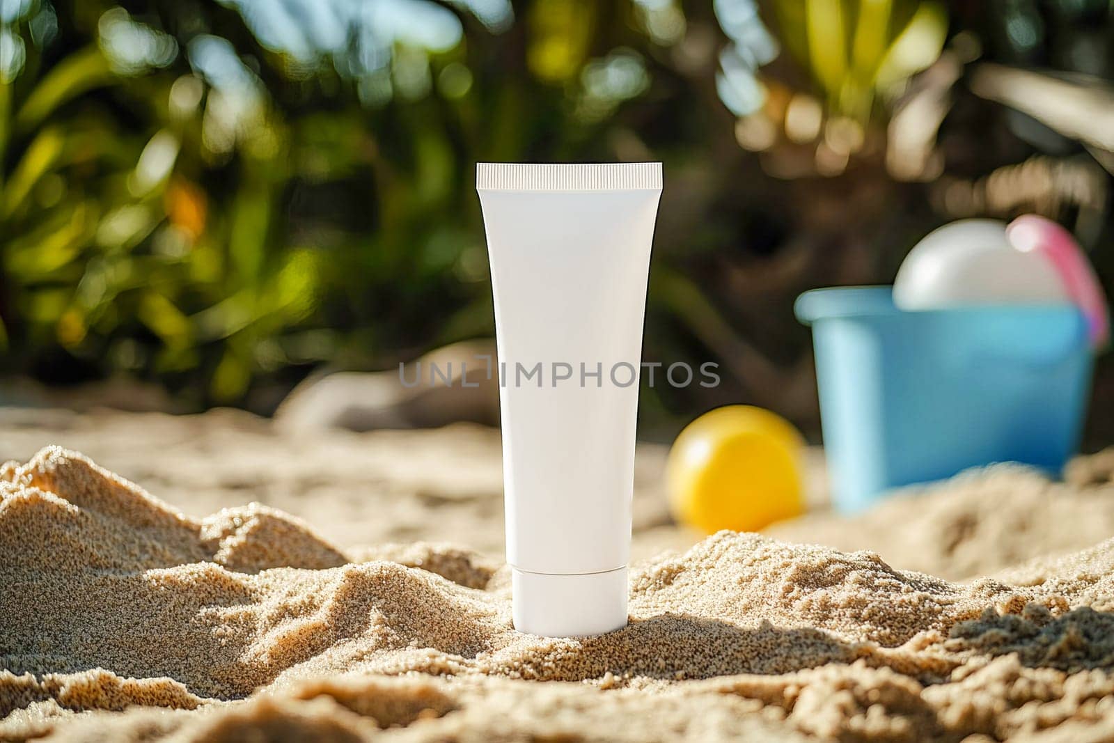 A tube of baby cream in a sandbox surrounded by toys. The concept of protecting and caring for the skin of babies while playing outdoors on a summer day.