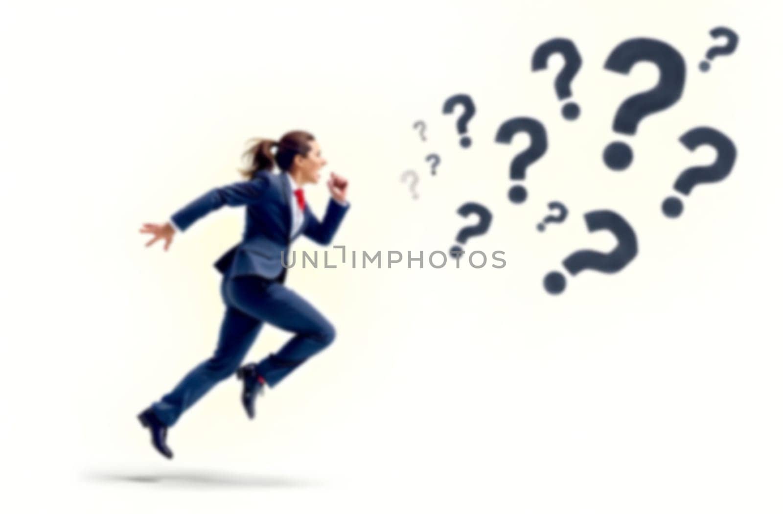 A businesswoman in formal attire runs towards a series of floating question marks, symbolizing challenges and uncertainties in business. Blurred picture.