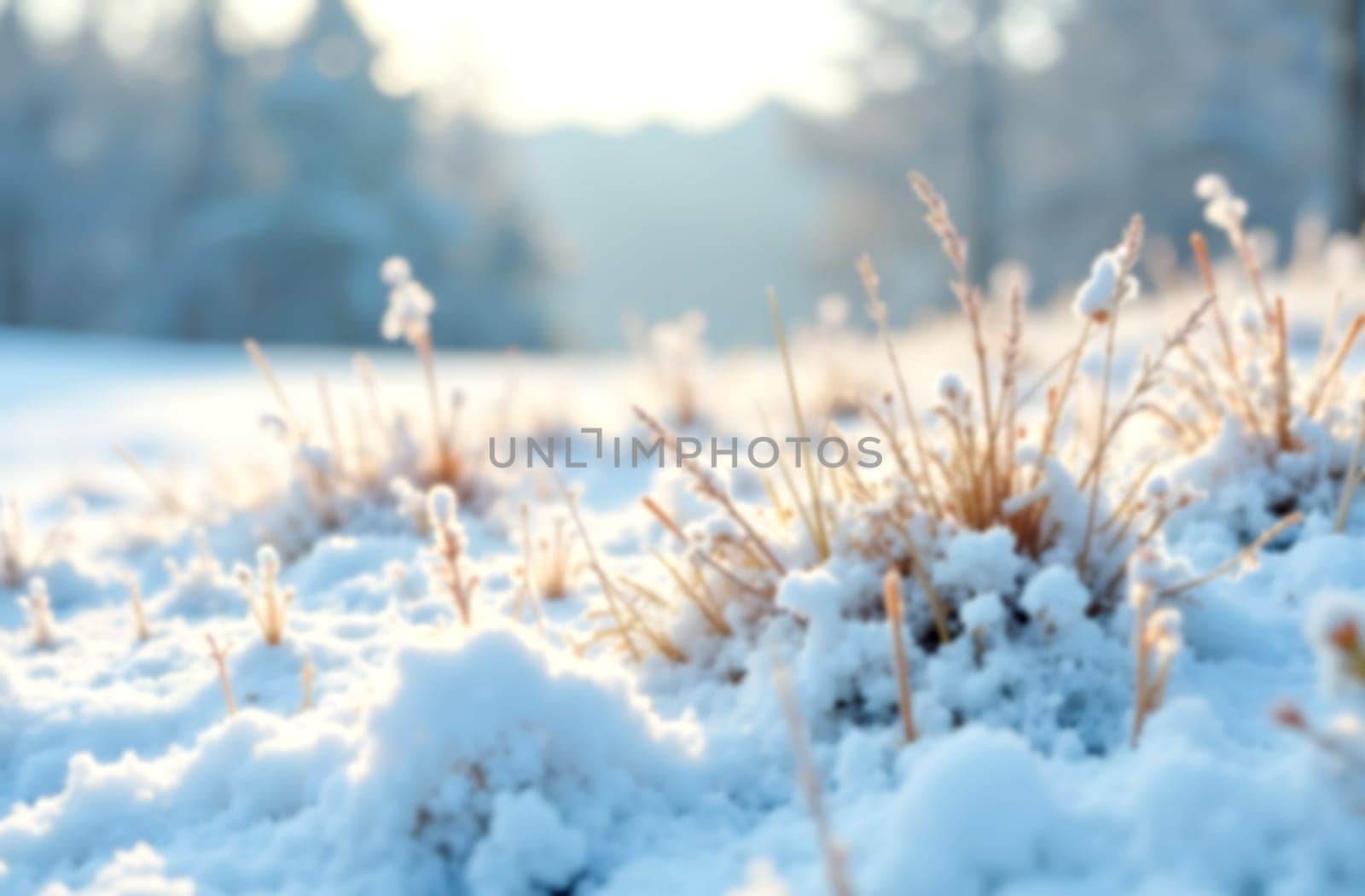 Frost-covered grass peeks through a blanket of soft snow in a serene winter landscape illuminated by gentle morning light. Blurred picture