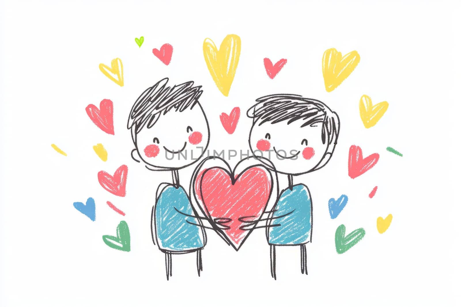 Two homosexual man in love holding a heart in their hands. Valentine's day. A drawing made by a kid's hand